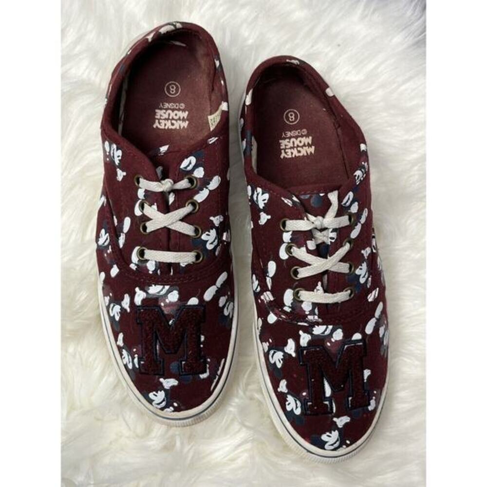 DISNEY Mickey Mouse All Over Canvas Shoes Women Size‎ 8 Shoes Maroon Sneakers